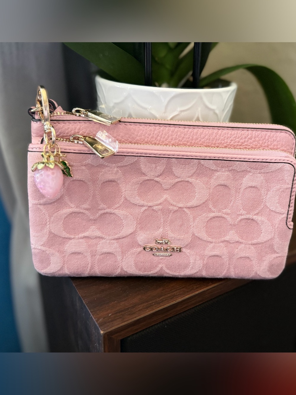 Coach Pink Signature Zip Wristlet with Gold Hardware